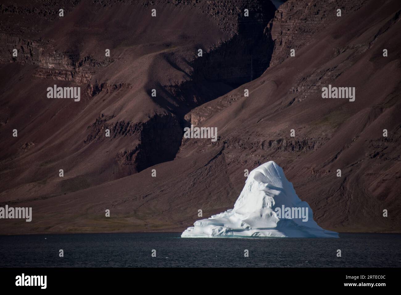 Primo piano di un piccolo iceberg che galleggia nel fiordo Kaiser Franz Joseph della Groenlandia contro i pendii di montagna ricoperti di limo; Groenlandia orientale, Groenlandia Foto Stock