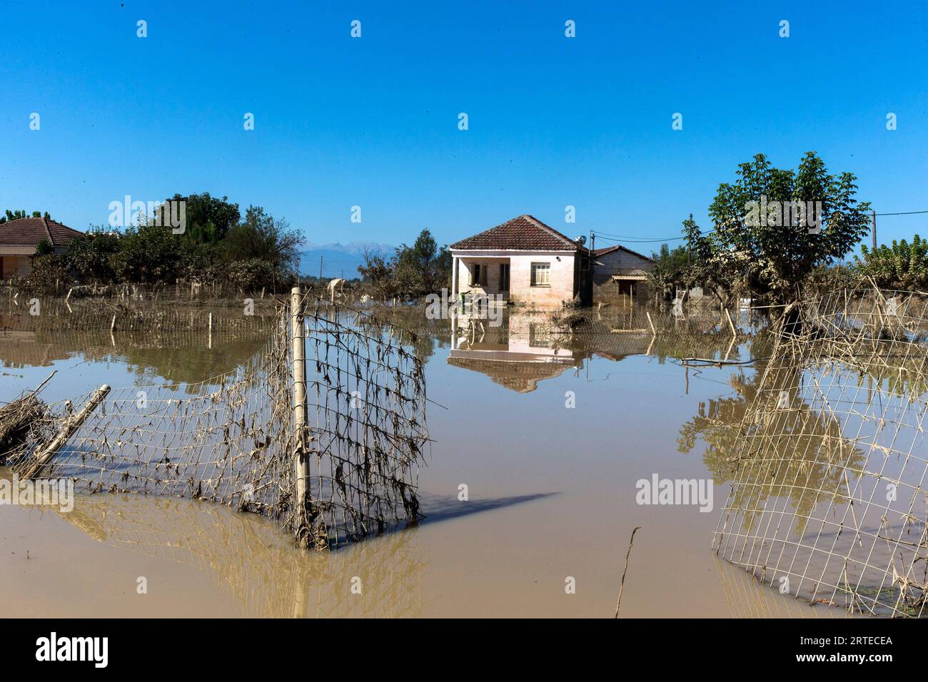 Karditsa, Grecia. 12 settembre 2023. La foto scattata il 12 settembre 2023 mostra un'area allagata nel villaggio di Metamorfosi, Karditsa, Grecia. Le regioni della Grecia centrale sono in allerta per l'impatto delle recenti inondazioni sulla salute pubblica, hanno detto i funzionari locali martedì. Quindici persone morirono e 4.570 furono evacuate in sicurezza durante le inondazioni, secondo i Vigili del fuoco. Crediti: Marios Lolos/Xinhua/Alamy Live News Foto Stock