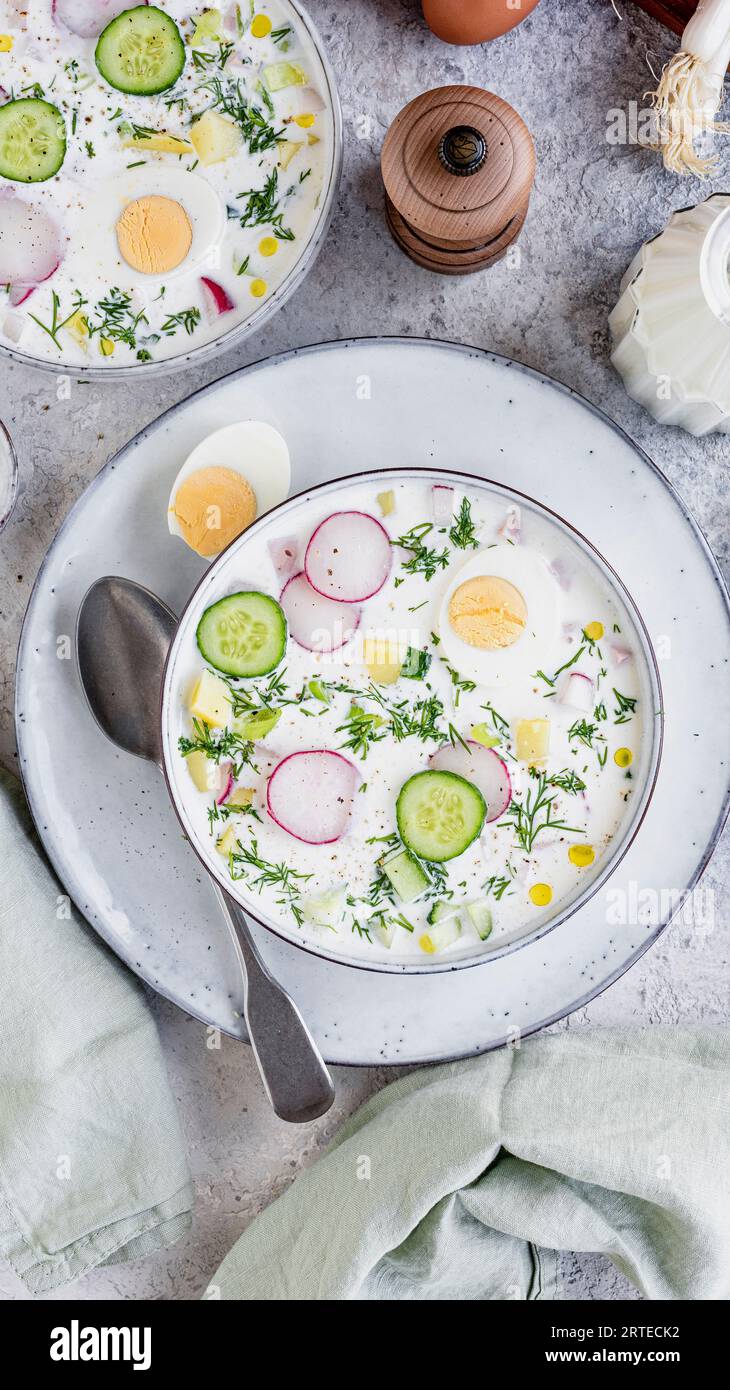 Okroshka (rinfrescante zuppa estiva) Foto Stock
