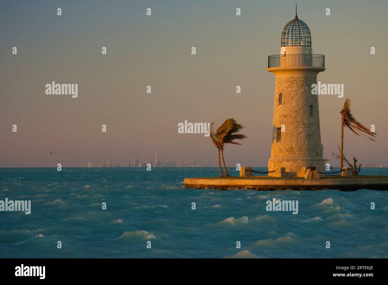 Faro di Boca Chita e palme in una giornata ventosa a Boca Chita Key, Biscayne National Park, Florida, USA; Florida, Stati Uniti d'America Foto Stock