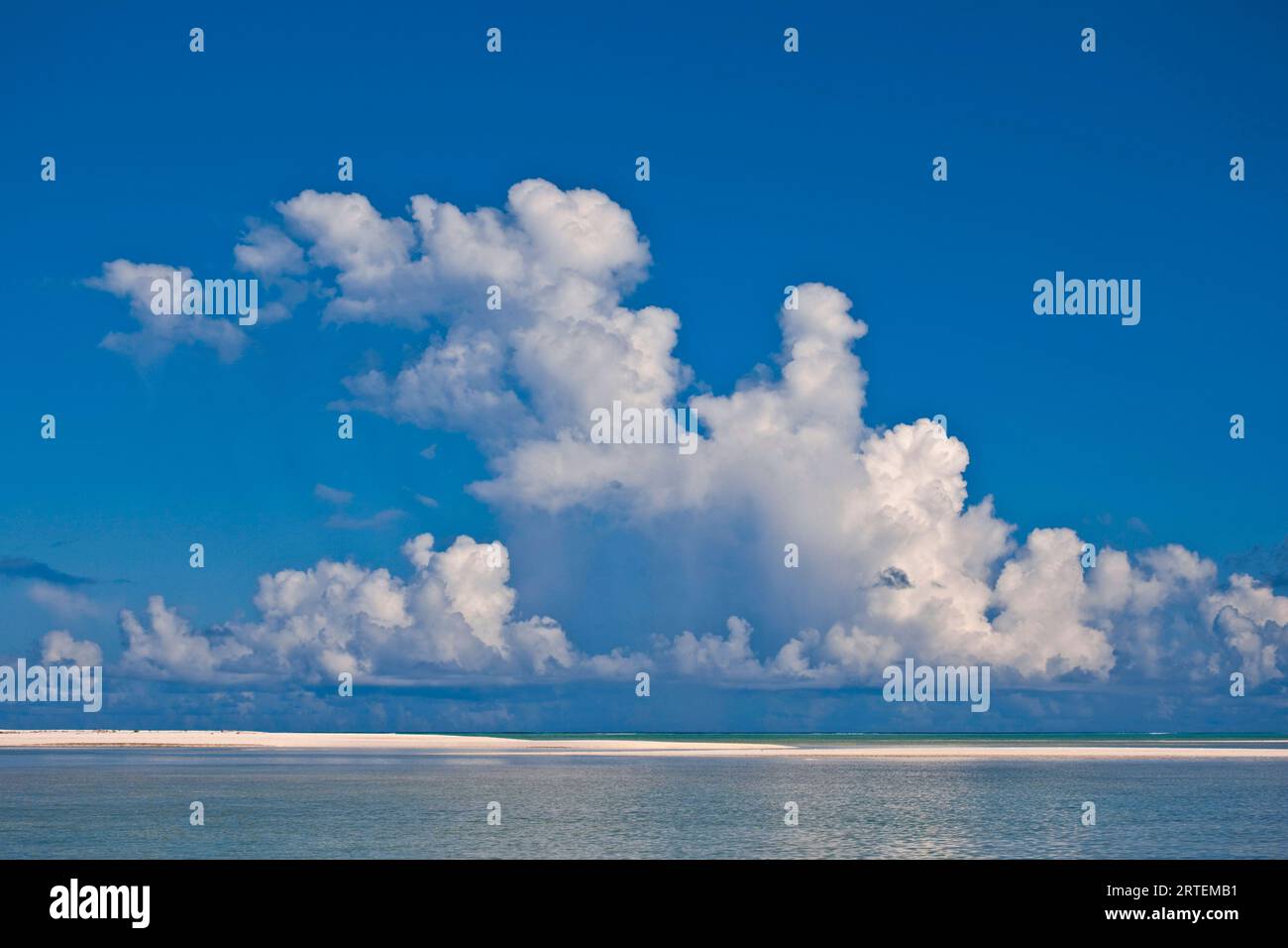Vista di una spiaggia bianca, dell'oceano e del cielo nelle Seychelles; St Atollo Francois, Alphonse Group, Seychelles Foto Stock