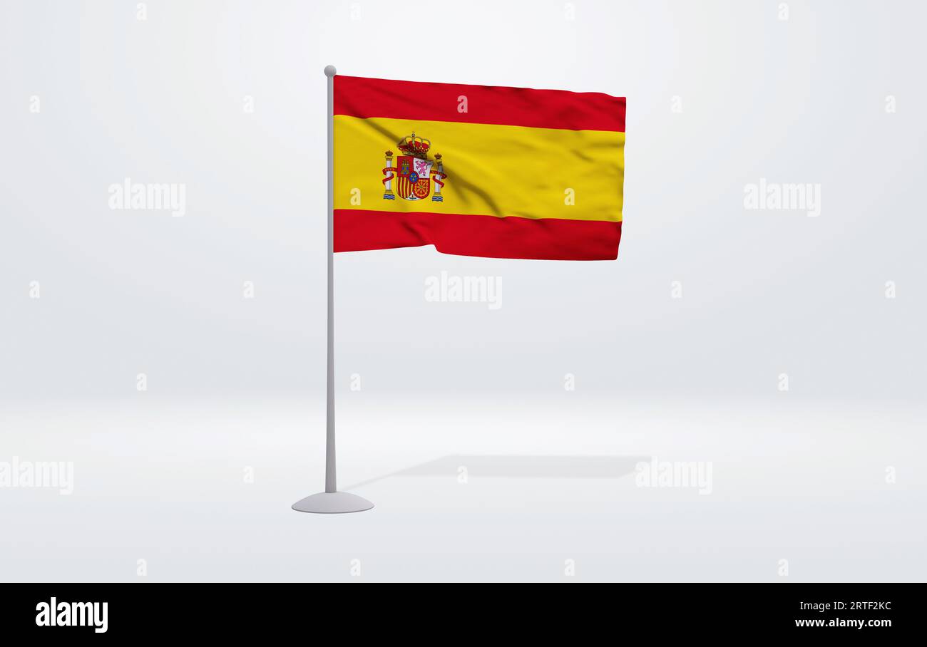 Illustrazione 3D di una bandiera spagnola estesa su un'asta di bandiera e sullo sfondo di uno studio. Foto Stock