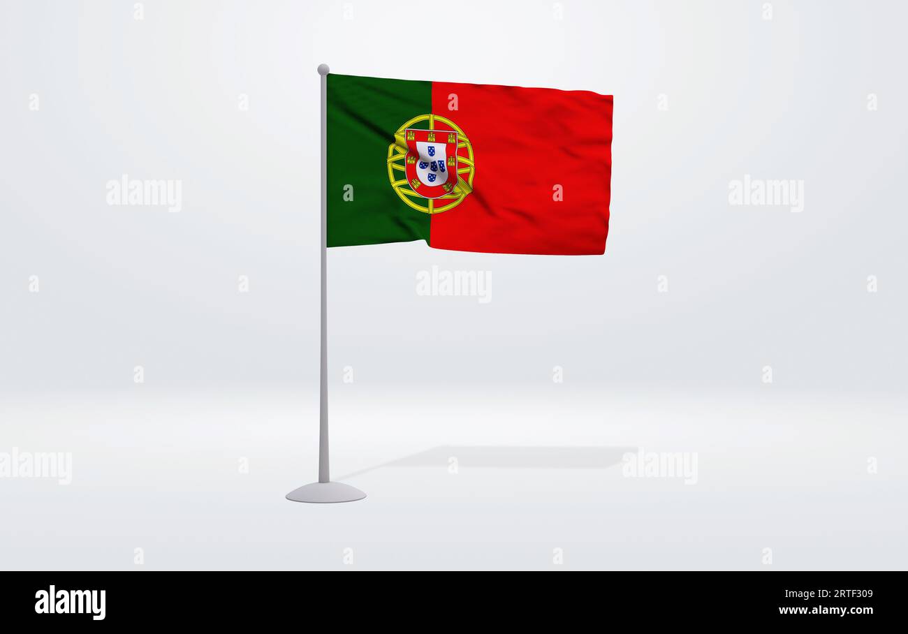 Illustrazione 3D di una bandiera portoghese estesa su un'asta di bandiera e di una scena in studio sullo sfondo. Foto Stock