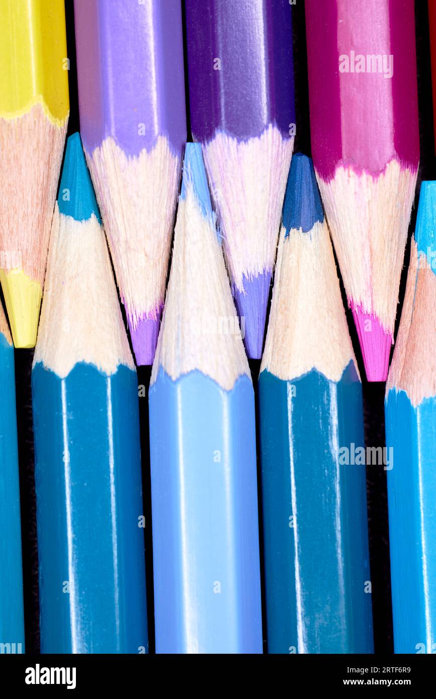 Primo piano di una fila di matite colorate allineate tra loro Foto Stock