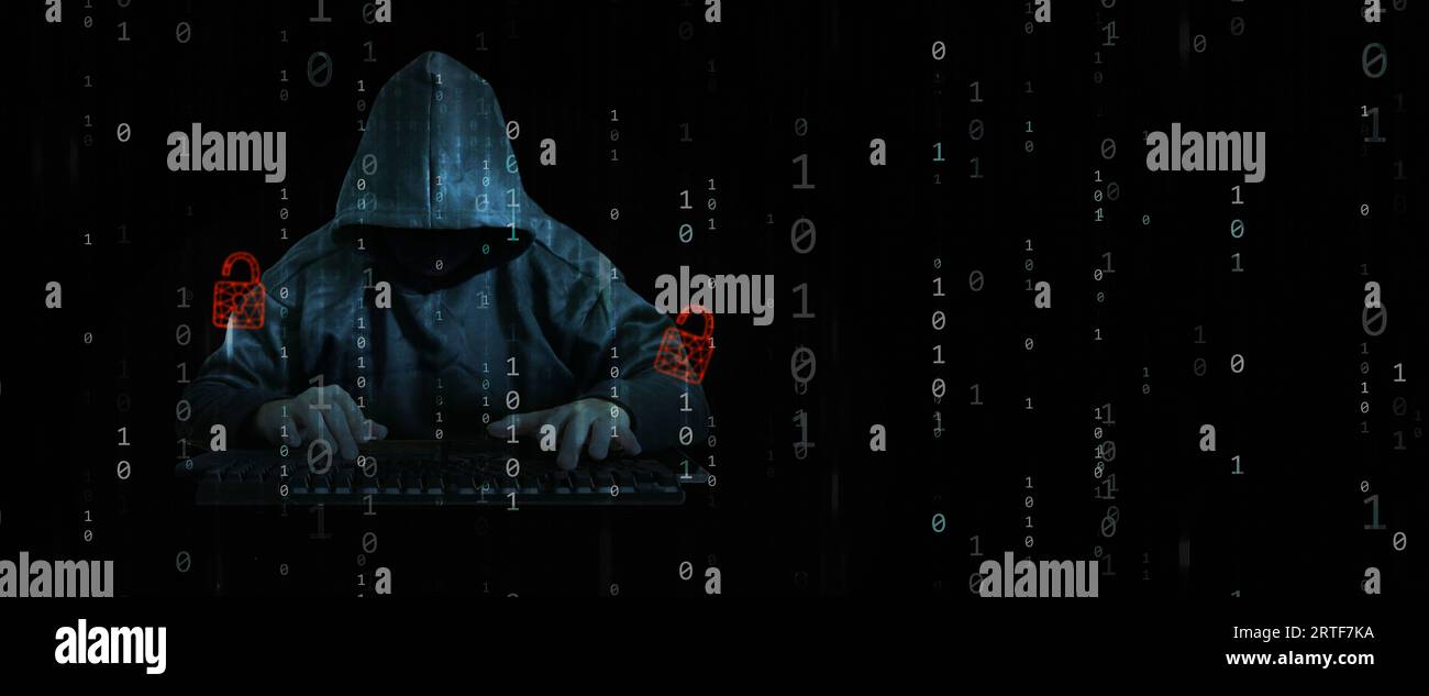 Un hacker dietro codice binario, flusso di dati, sblocco della sicurezza informatica e controllo della vostra identità personale Foto Stock