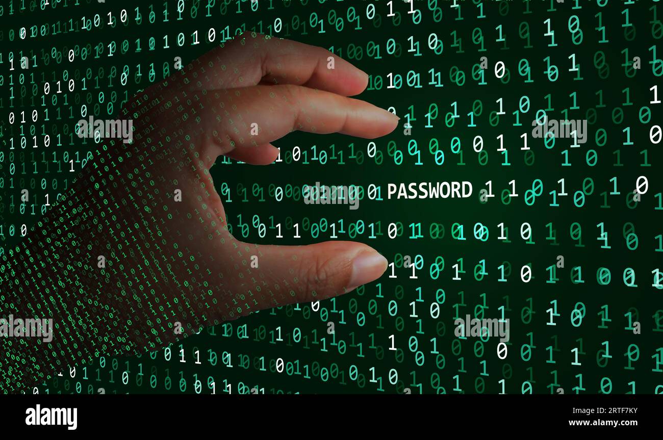 Una mano hacker in grado di trovare una password nascosta nel codice binario, e flusso di dati, e sta per prenderla per controllare la tua identità personale Foto Stock
