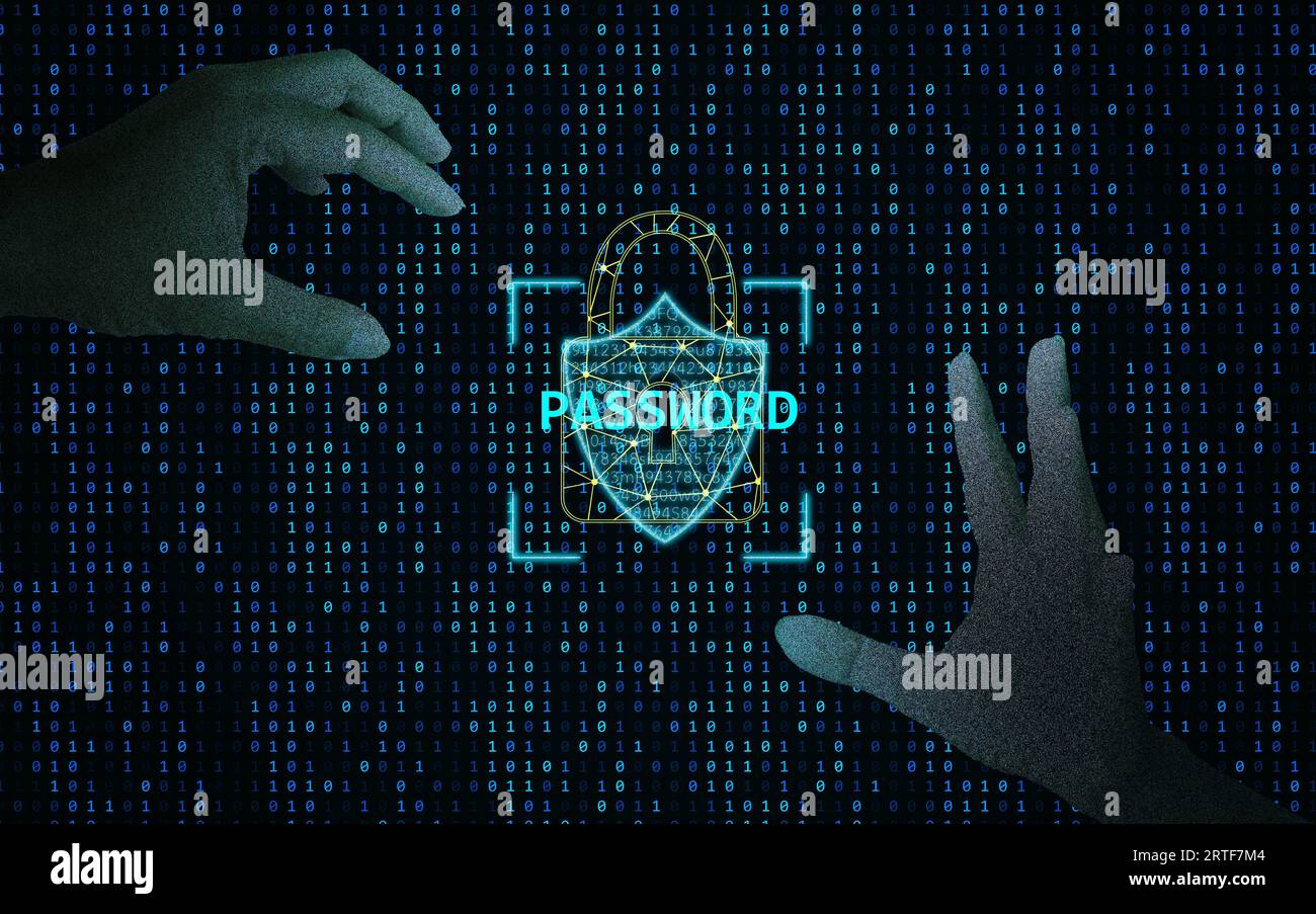 Le mani degli hacker che tentano di prendere le tue informazioni personali, ma non sono in grado di farlo poiché sono bloccate e proteggono la tua identità personale Foto Stock