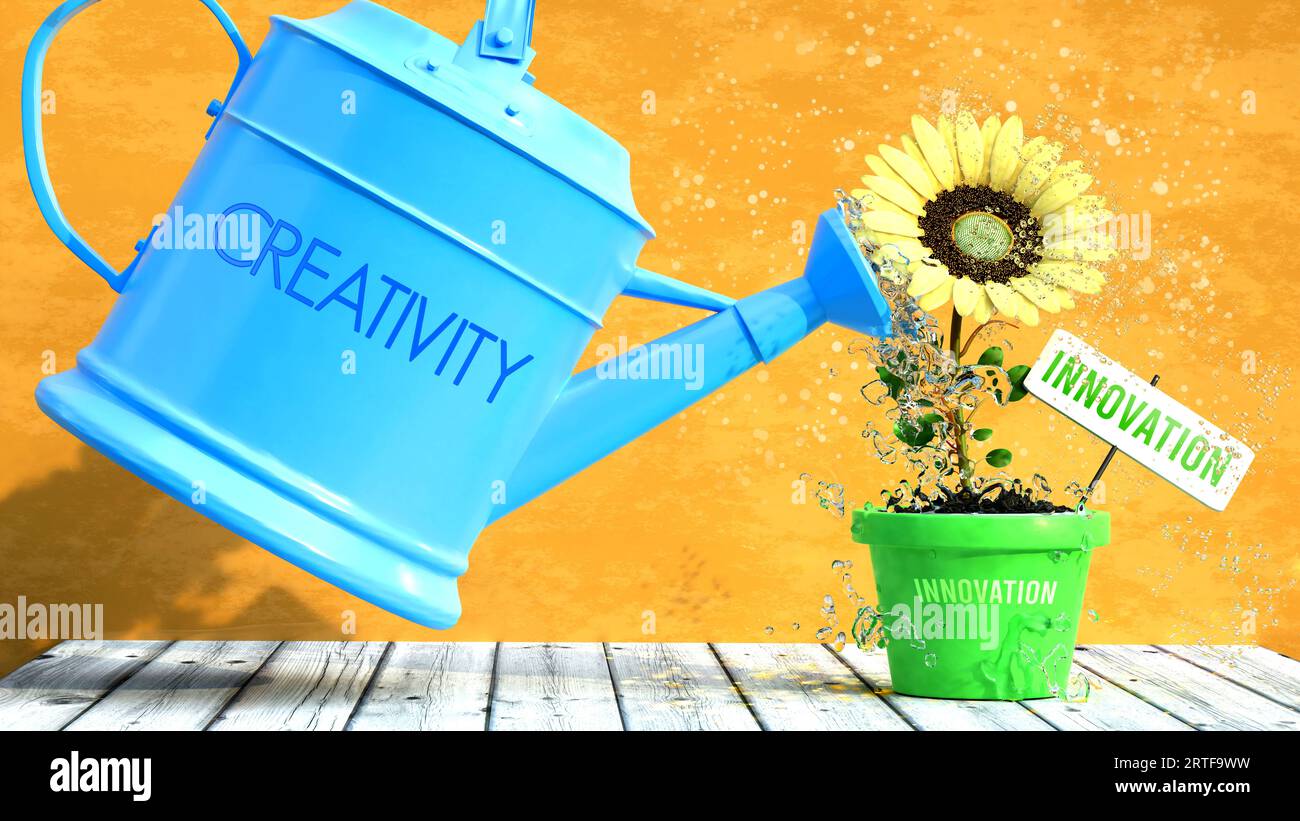 La creatività dà innovazione. Una metafora in cui la creatività è il potere che fa crescere e rafforzare l'innovazione.,illustrazione 3d. Foto Stock