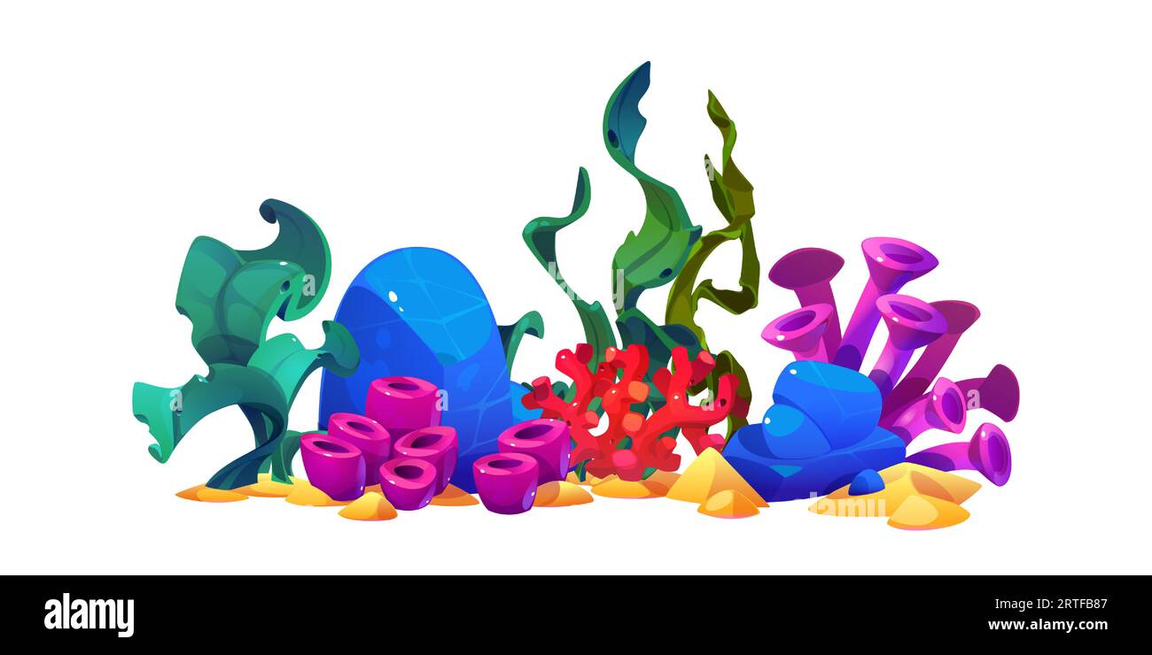 Set di alghe colorate per il design del fondale marino isolate su sfondo bianco. Cartoni animati vettoriali che illustrano la barriera corallina, piante esotiche che crescono sulla sabbia, specie di flora sottomarina, elementi di design dell'acquario Illustrazione Vettoriale