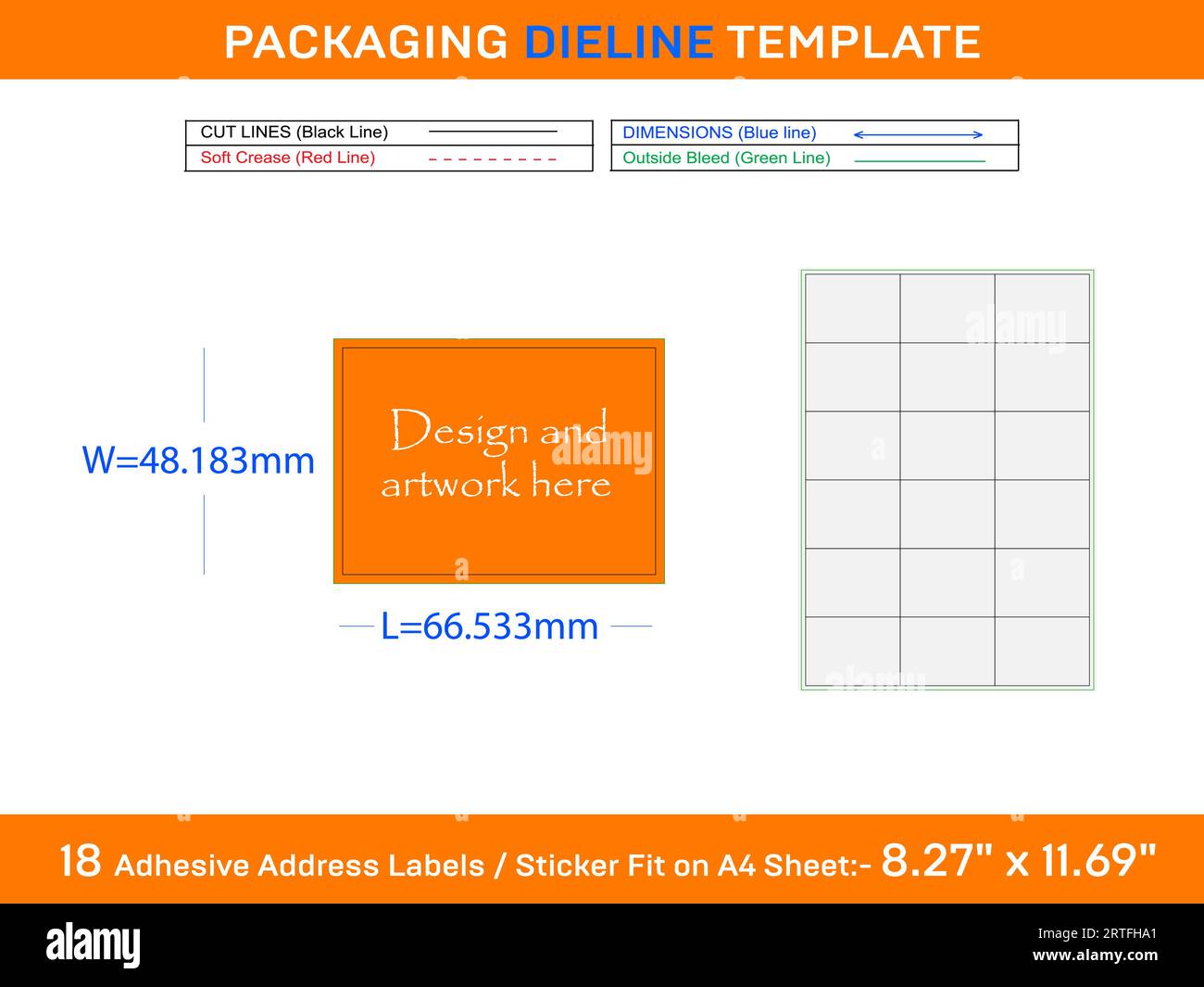 18 etichette adesive per indirizzi modello Dieline 66,533 x 48,183mm Illustrazione Vettoriale