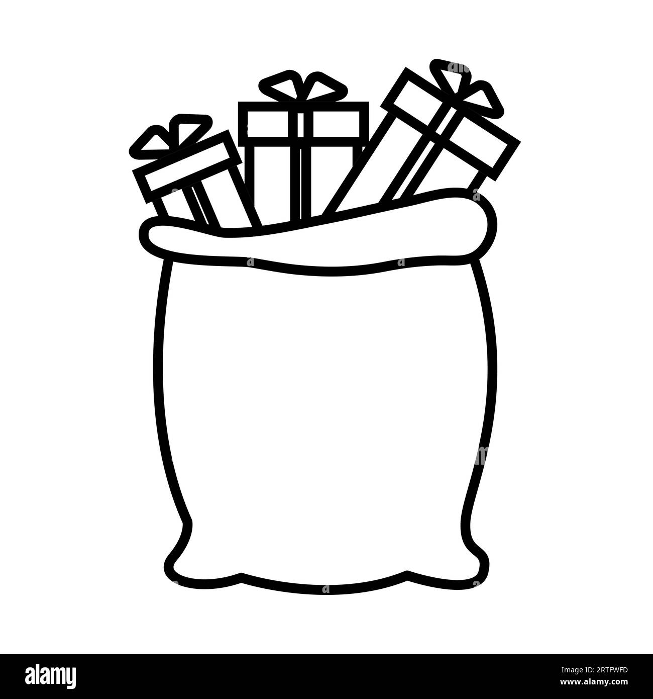 Piccola e semplice icona lineare in bianco e nero di una bellissima borsa natalizia natalizia natalizia natalizia con regali e scatole di Babbo Natale su sfondo bianco. Ve Illustrazione Vettoriale