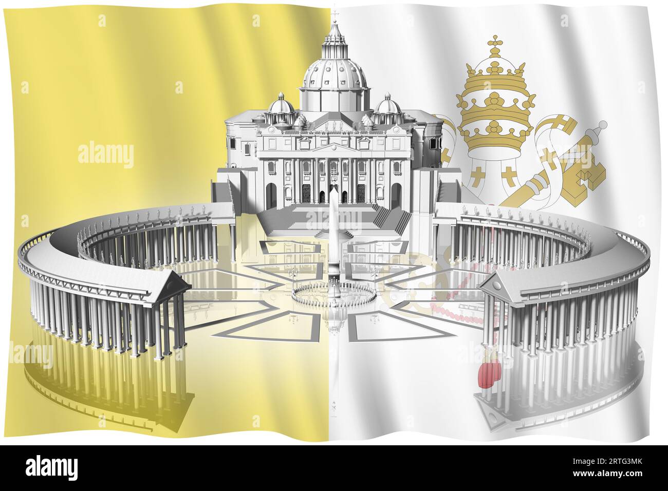 St Piazza Pietro a città del Vaticano di fronte alla bandiera dello Stato Pontificio. Illustrazione 3D. Foto Stock