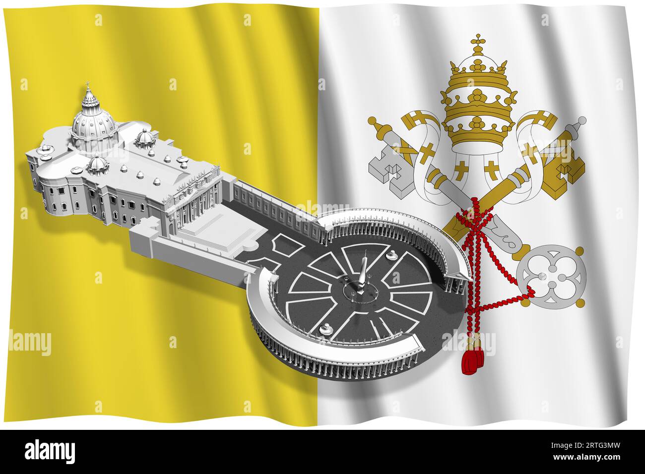 St Piazza Pietro a città del Vaticano di fronte alla bandiera dello Stato Pontificio. Illustrazione 3D. Foto Stock
