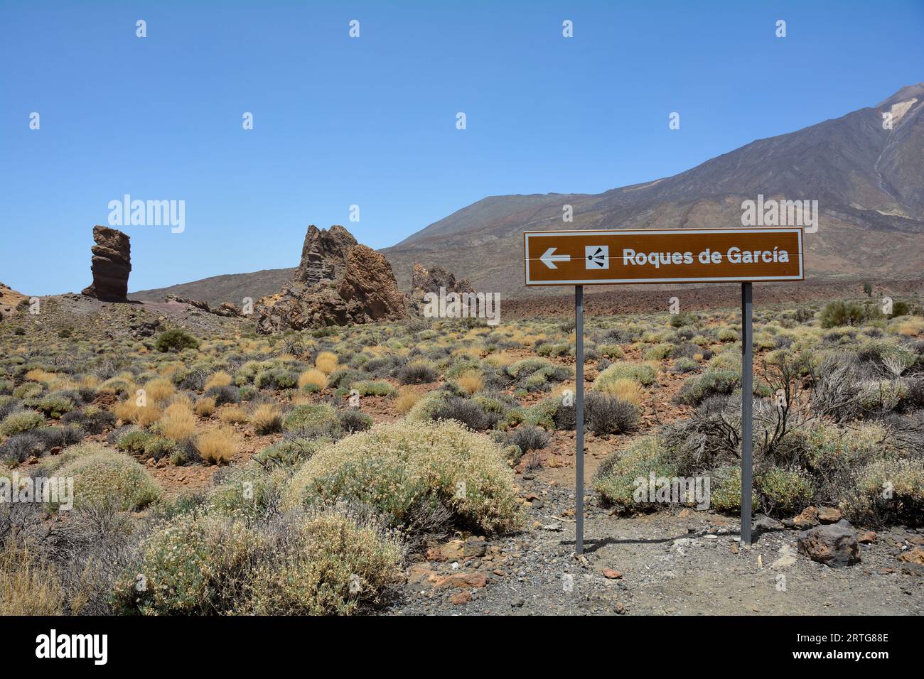 Cartello informativo della roccia vulcanica di Roque Cinchado dalla forma bizzarra del Parco Nazionale del Teide, sull'isola delle Canarie di Tenerife, Spagna. Con V Foto Stock