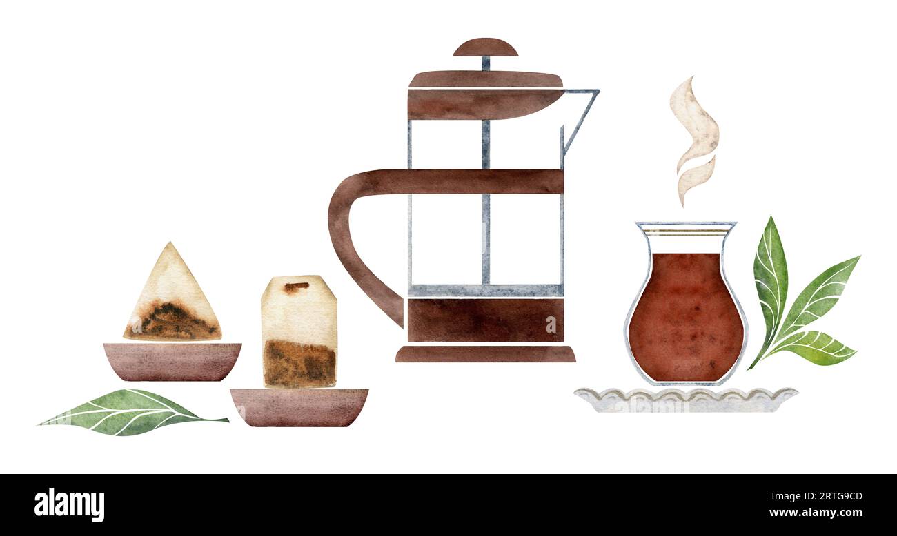 Illustrazione a mano dell'acquerello. Pressa francese, tazza da tè in vetro turco, bustine di tè su piattini. Oggetto isolato su sfondo bianco. Per gli inviti Foto Stock