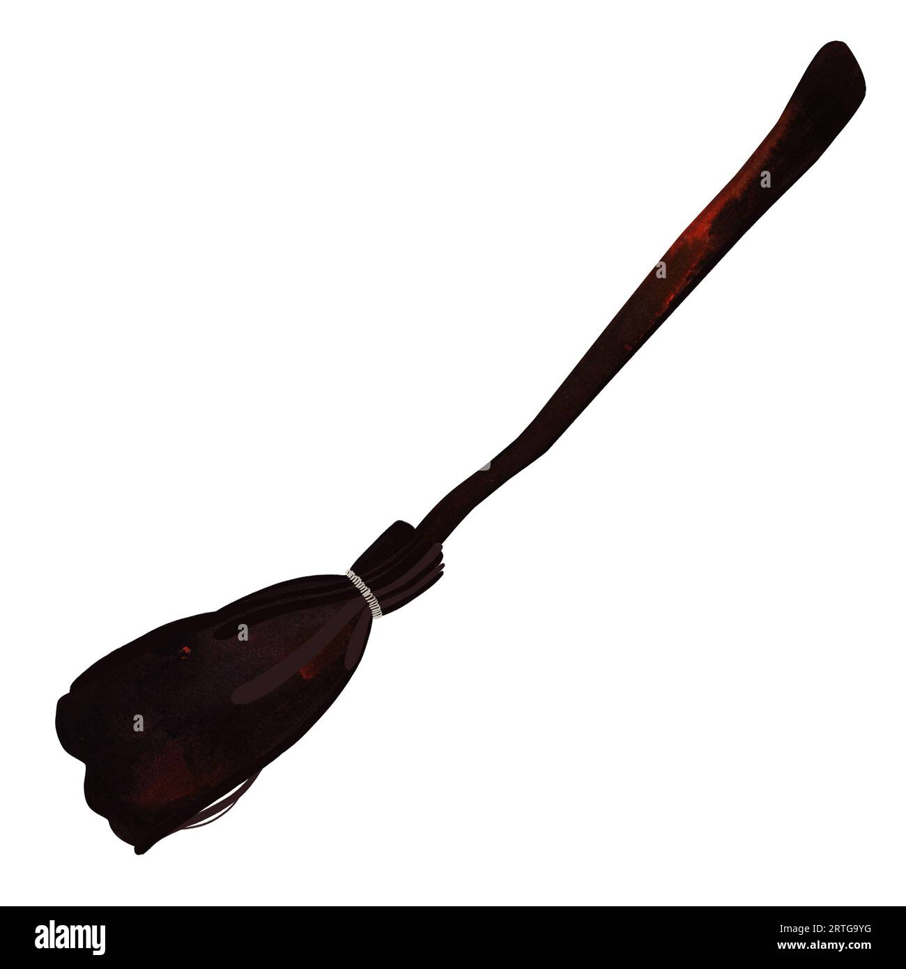 Silhouette nera della scopa di una strega. Decorazioni di Halloween. Illustrazione a mano isolata ad acquerello su sfondo bianco. Foto Stock