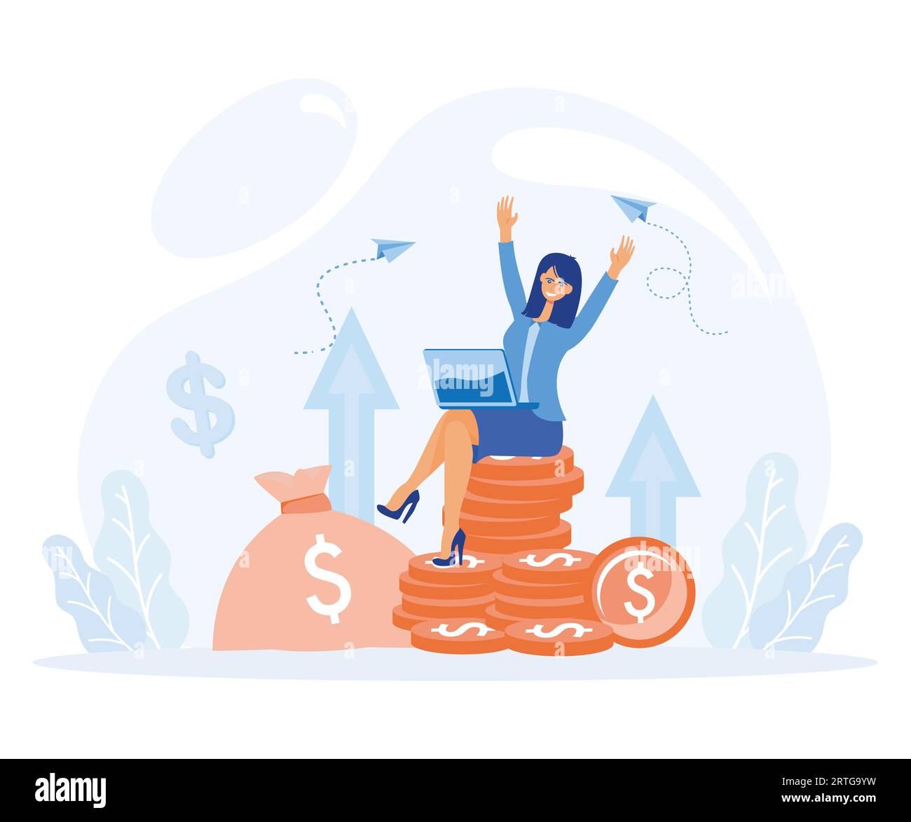 Consulente finanziario che versa una pila di monete sorridendo amichevole e salutando la mano. Investitore o imprenditore di successo. Consulenza finanziaria. mod. vettoriale piatto Illustrazione Vettoriale