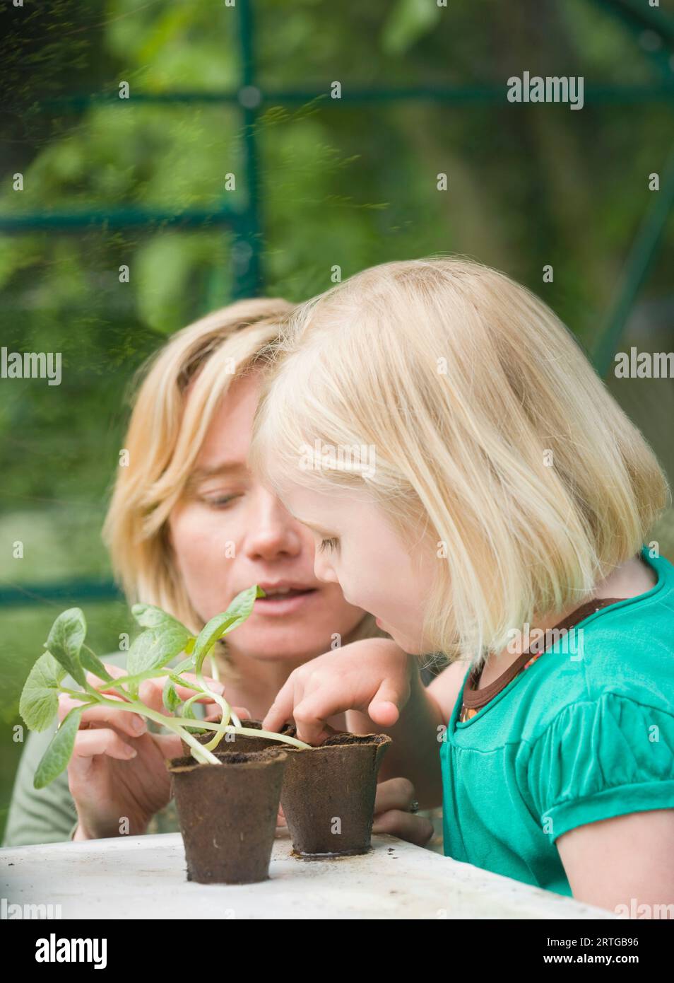 Ragazza bionda sta aiutando la donna tendendo le piantine in serra Foto Stock