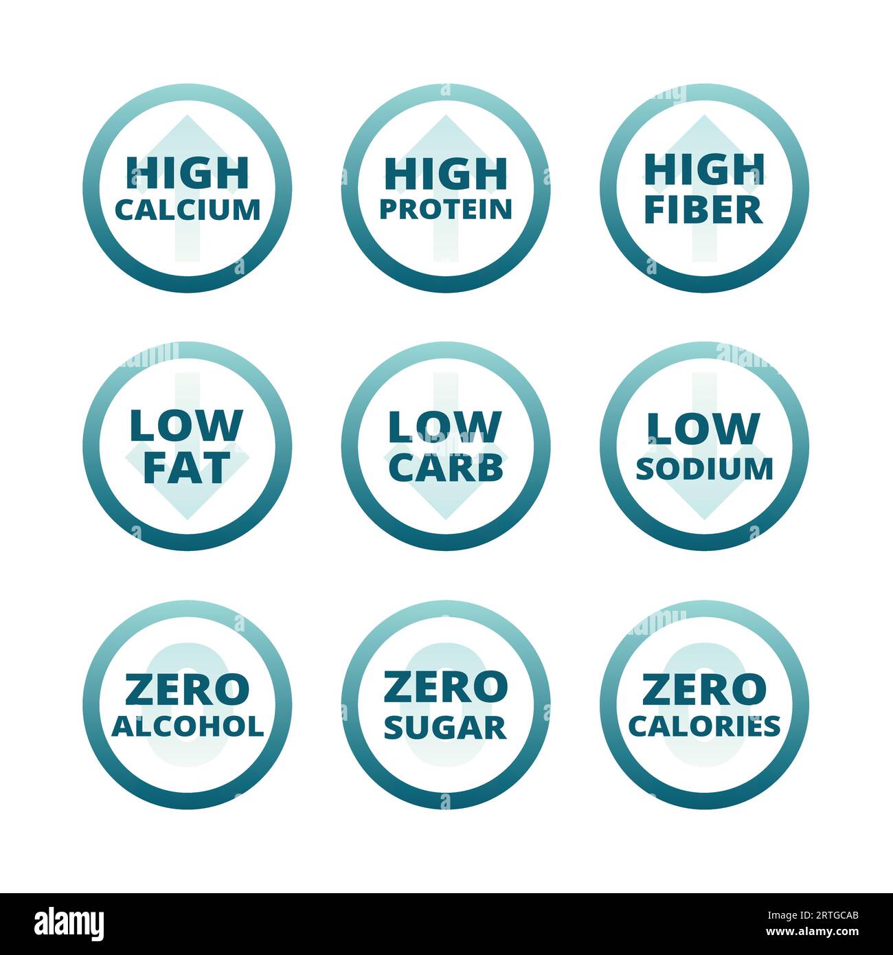 Etichette ad alto contenuto di calcio, fibre e proteine. Set di etichette vettoriali a basso contenuto di grassi, zucchero e sodio. Illustrazione Vettoriale