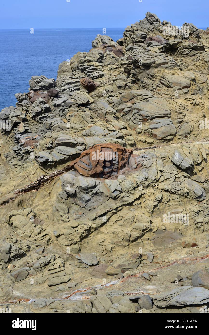 Arenaria e turbidite da Carboniferi. Questa foto è stata scattata a Cap Favaritx, Isola di Minorca, Isole Baleari, Spagna. Foto Stock