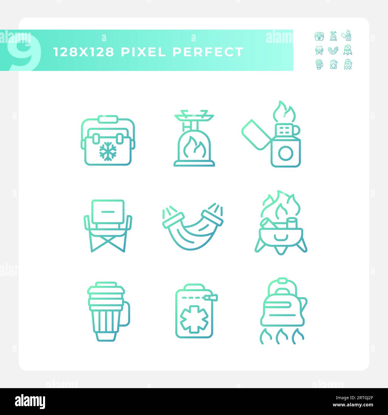 Icone della linea di marcia da trekking con pixel gradiente perfetti Illustrazione Vettoriale
