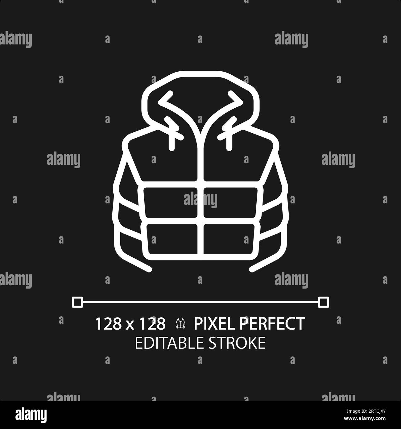 Giacca imbottita personalizzabile, icona lineare sottile bianca Illustrazione Vettoriale