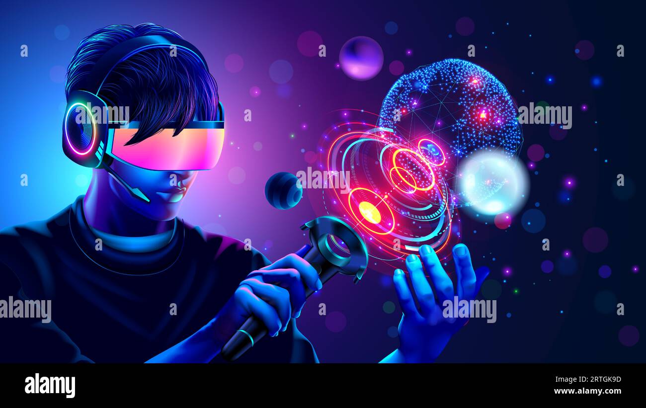 Uomo che indossa un visore VR o occhiali 3d di realtà virtuale guarda e interagisce con l'interfaccia olografica di simulazione VR o AR. Ragazzo che gioca nel vide del computer Illustrazione Vettoriale