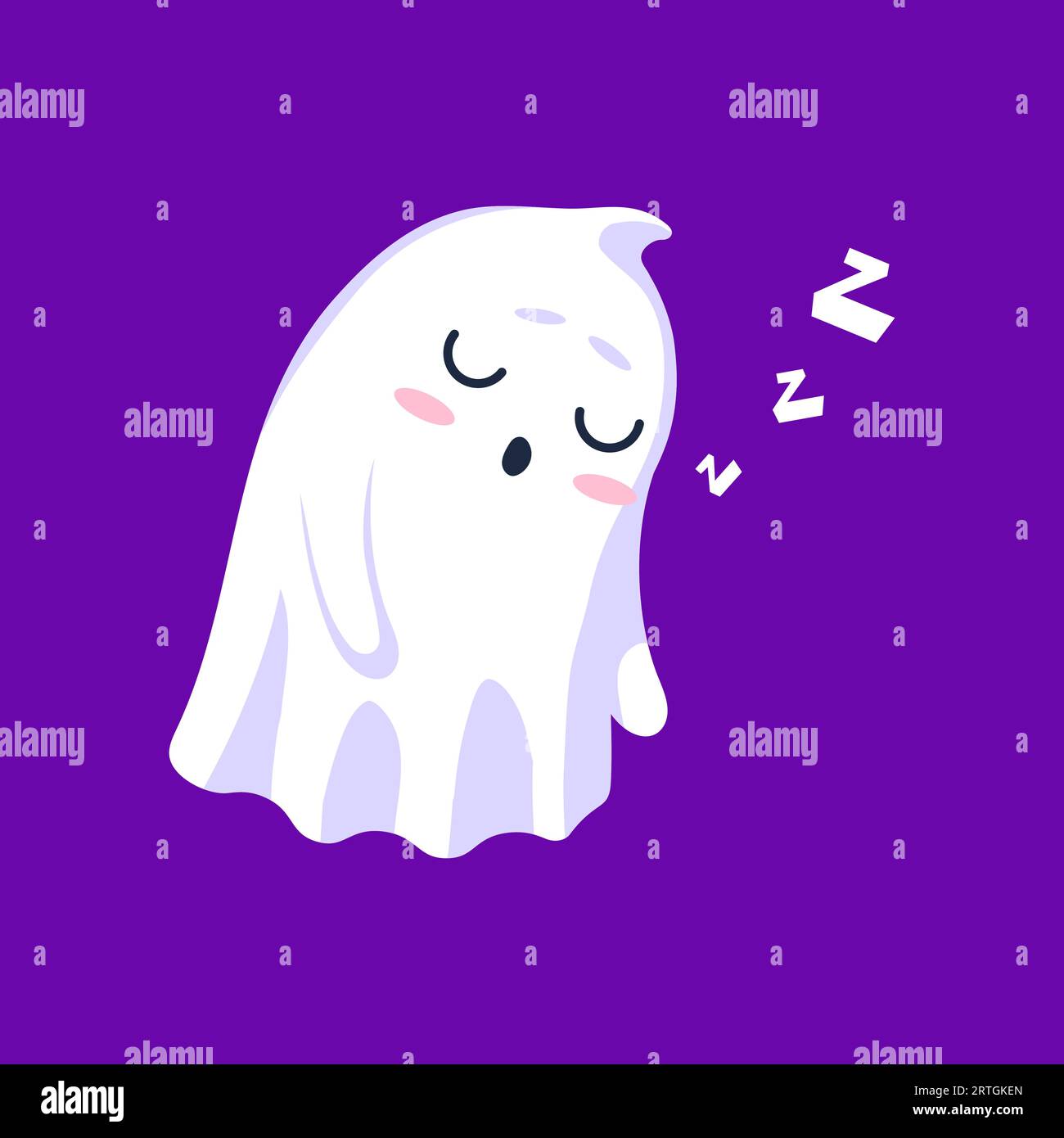 Halloween kawaii fantasma addormentato, emettendo dolci zzz snores. Isolata e graziosa luce vettoriale bianca, silenziosa, con gli occhi rotondi e innocenti chiusi. Adorabili fantasmi ultraterreni che vanno alla deriva in terra dei sogni Illustrazione Vettoriale