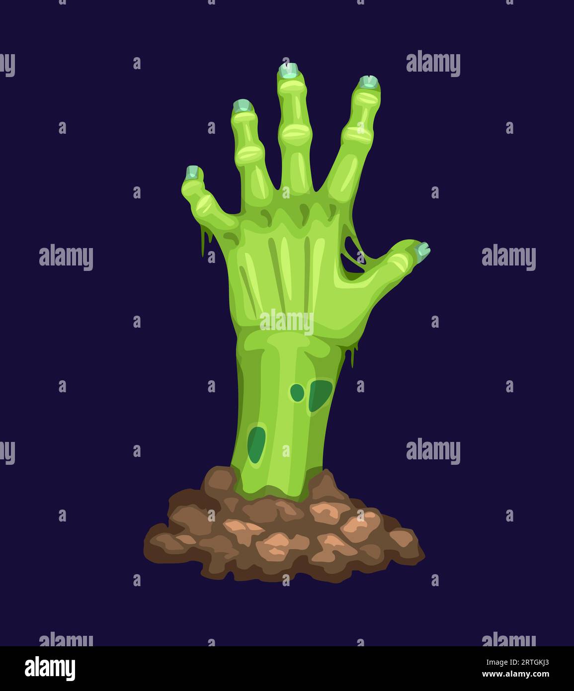 Mano zombie dei cartoni animati per Halloween, braccio mostro morto che arriva dalla tomba, cadavere vettoriale. Le mani degli zombie delle vacanze notturne dell'orrore con pelle verde marcio e ossa sul cimitero malvagio o nel cimitero inquietante Illustrazione Vettoriale