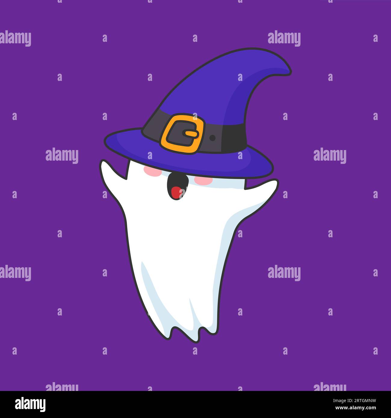 Il personaggio fantasma di Halloween kawaii dei cartoni animati indossa un cappello a punta da strega. Un simpatico gioiello vettoriale isolato in un cappello oversize che chiude gli occhi, con emozioni giocose, mentre prova l'abbigliamento natalizio durante la stagione spettrale Illustrazione Vettoriale