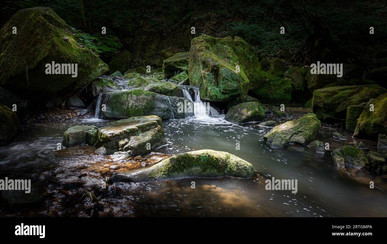 Acqua che cade e una piccola cascata tra le rocce solide nella foresta di Mullerthal, un ambiente da favola in Lussemburgo Foto Stock