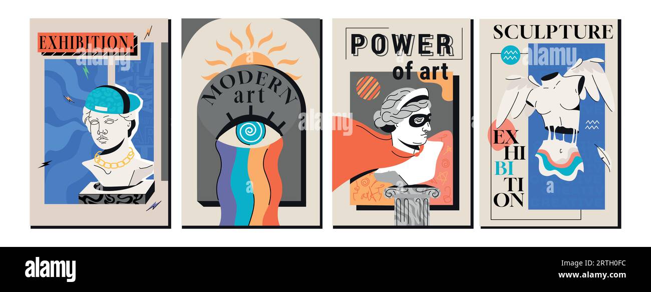 Poster per mostre d'arte con statue greche, sculture antiche, colonne. Design della copertura con elementi surreali, teste greche e busto in gesso. Set di banner d'invito con oggetti moderni per gallerie e musei. Illustrazione Vettoriale