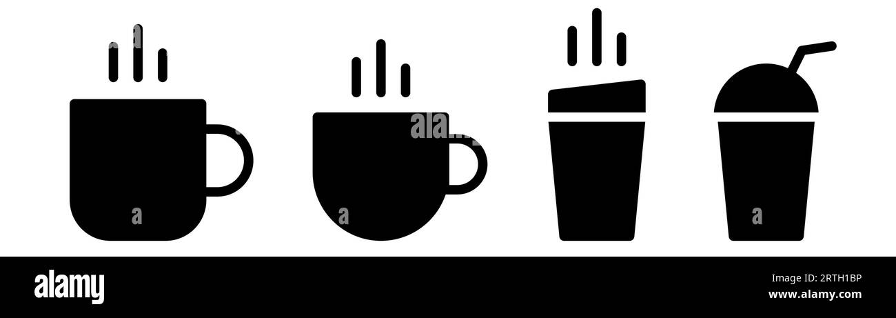 Set di icone delle tazze. Tazza di caffè. Simbolo della coppa a glifo. Drink illustrativo. Segno del caffè glicfo. Illustrazione del vettore di stock Illustrazione Vettoriale