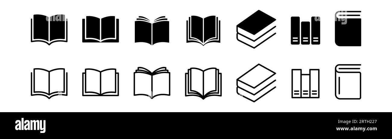 Set di icone libro. Icone del libro nero. Simbolo del libro di contorno. Simbolo della libreria nel glifo. Gruppo di dizionari aperto e chiuso. Segnale educativo. Illustrati vettoriali di magazzino Illustrazione Vettoriale