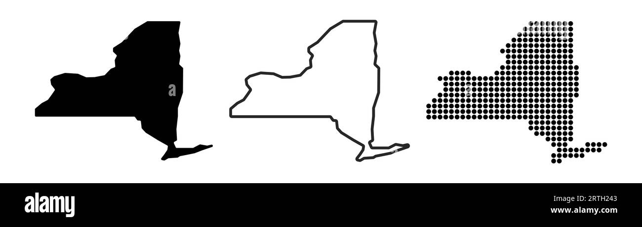 Contorno mappa dello stato di New York. Mappa dello stato di New York. Glifo e contorno della mappa di New York. Mappa dello stato DEGLI STATI UNITI. Illustrazione Vettoriale