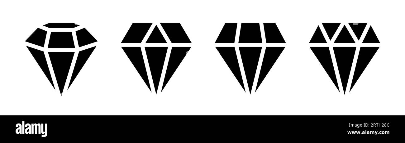 Set di icone diamantate. Icona gemma glifa. Simbolo del diamante in nero. Simbolo di gemma isolato. Vettore brillante. Pittogramma del diamante glifo. Set di simboli di gemma. Stock vec Illustrazione Vettoriale