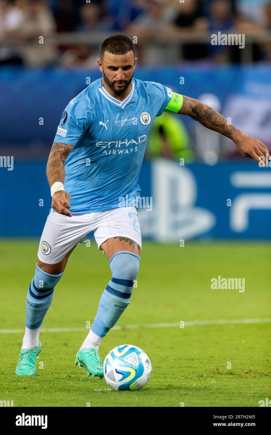 Atene, Grecia - 16 agosto 2023: Il giocatore del Manchester City Kyle Walker in azione durante la finale di Supercoppa UEFA tra Manchester City e Sev Foto Stock
