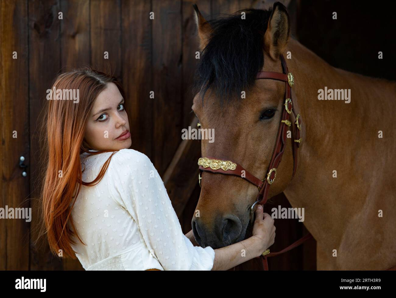 Bella ragazza di campagna in posa con il cavallo nel ranch Foto Stock