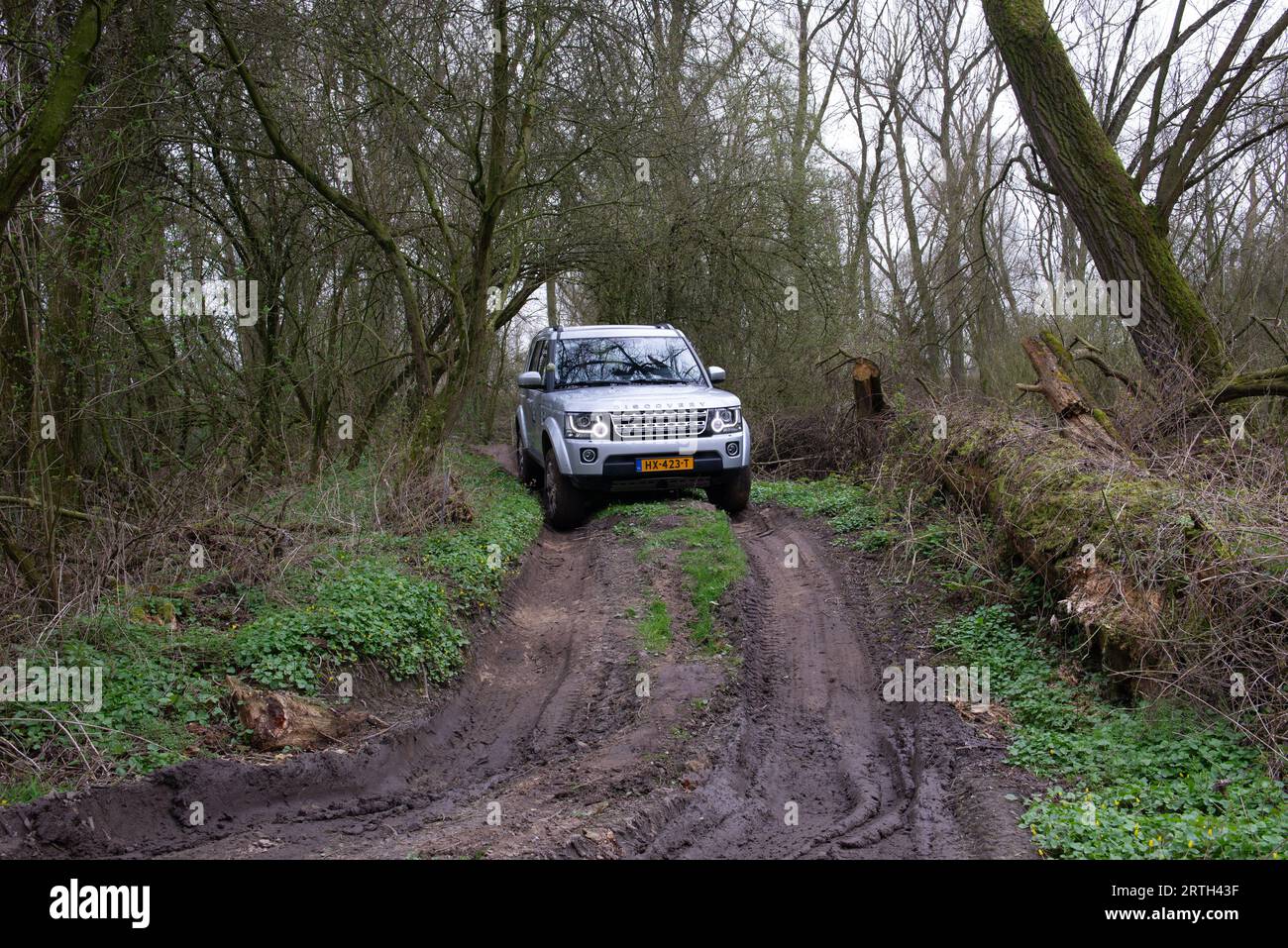 Serie di foto di un pomeriggio fuori strada con diverse auto Land Rover come gli iconici modelli Land Rover Defender e Range Rover. Foto Stock