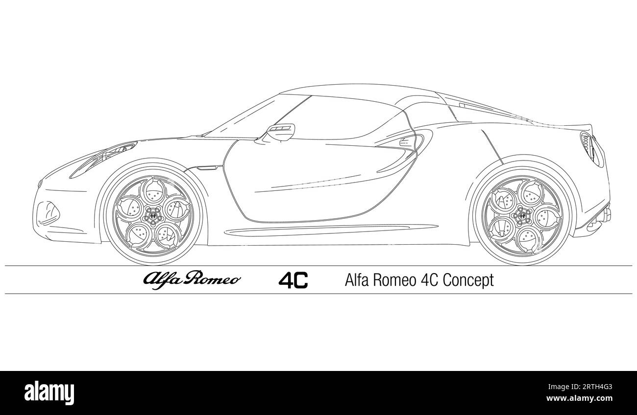 Italia, anno 2011, Alfa Romeo 4C Concept, disegno silhouette su sfondo bianco, illustrazione Foto Stock