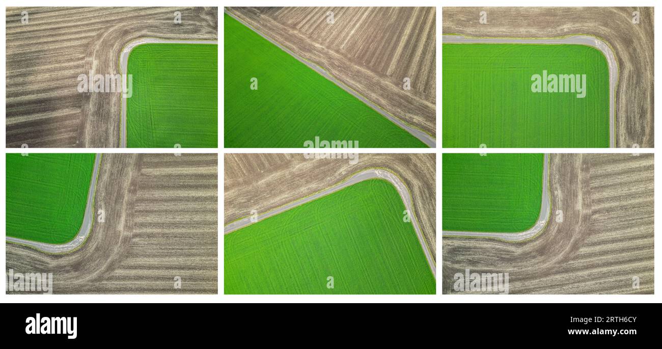 Teutschenthal, Germania. 13 settembre 2023. Il contrasto tra un campo già raccolto e un campo appena verde cattura l'attenzione. (Immagini combinate da foto aeree con drone) credito: Jan Woitas/dpa/Alamy Live News Foto Stock