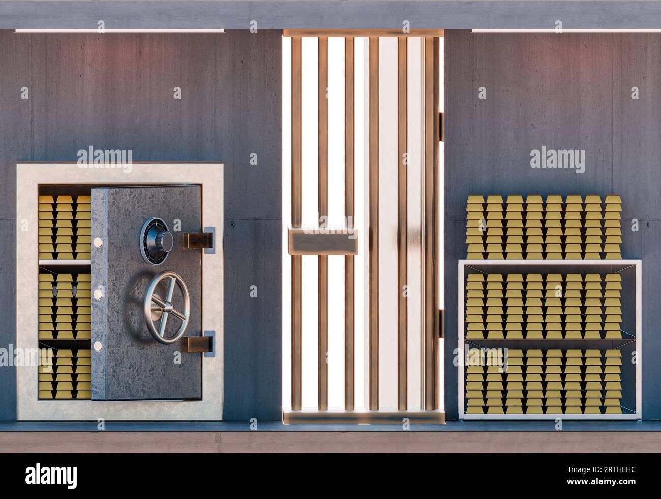 Cripta, lingotti d'oro e riserve d'oro. Sicurezza blindata. Proteggete i vostri risparmi, investite in metalli nobili. Investimenti sicuri. Rapina in banca. rendering 3d. Foto Stock