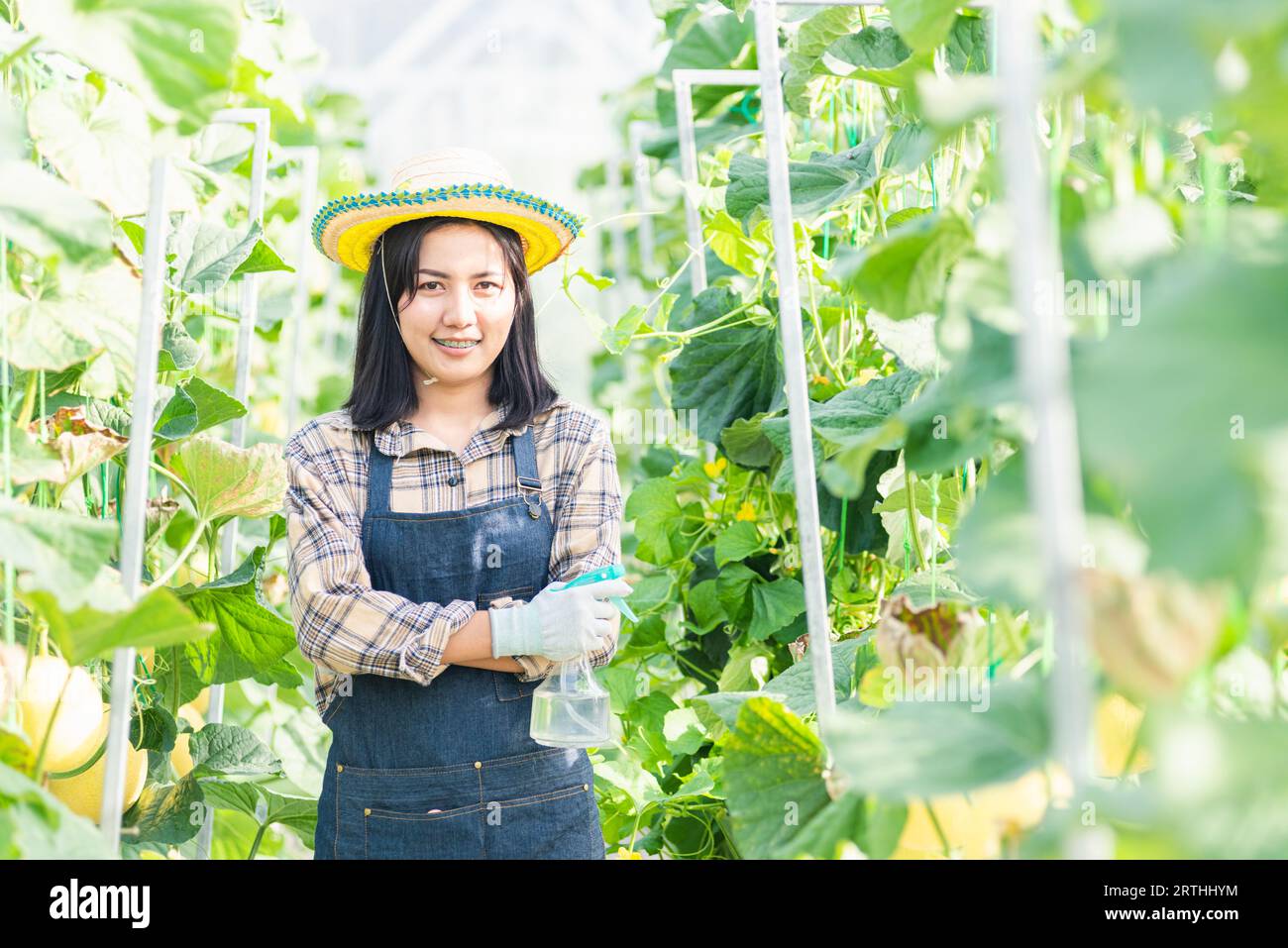 donna contadina è in piedi braccia incrociate e sorridente Foto Stock