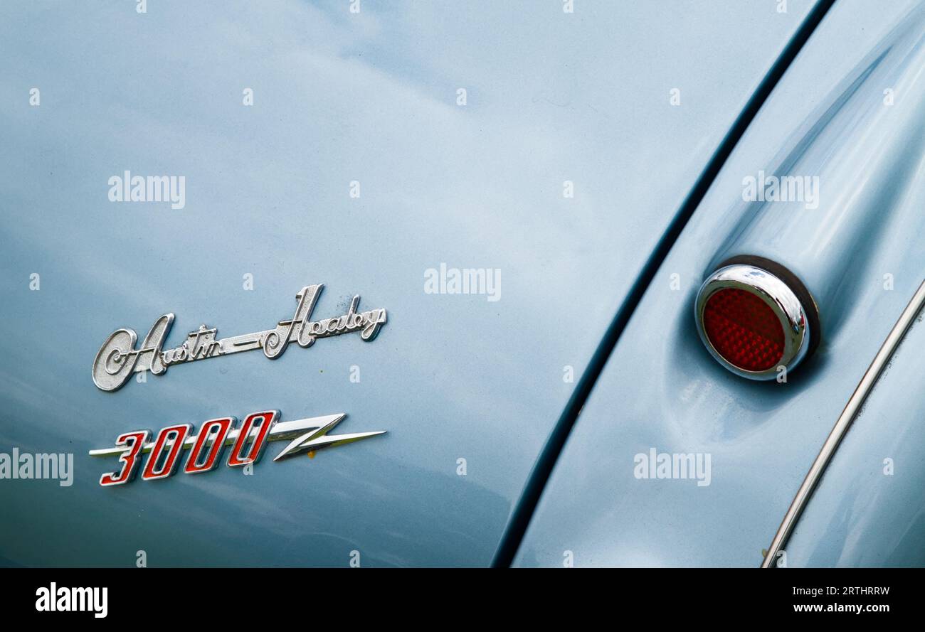 Bagagliaio posteriore di una vettura sportiva Austin Healey 3000 con logo ed emblema e luce posteriore, Inghilterra Regno Unito Foto Stock