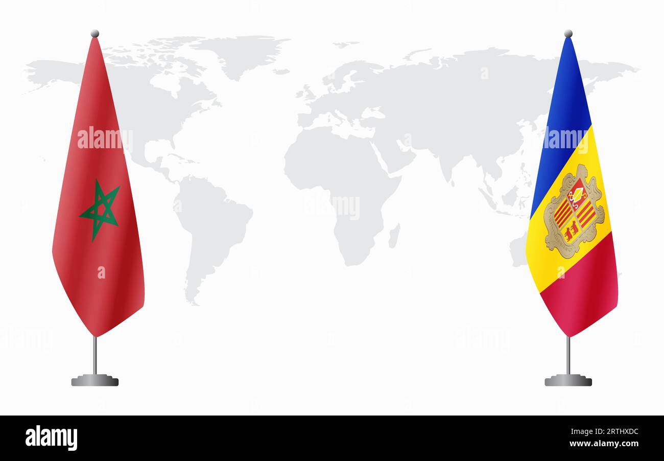 Marocco e Andorra bandiere per un incontro ufficiale sullo sfondo della mappa mondiale. Illustrazione Vettoriale