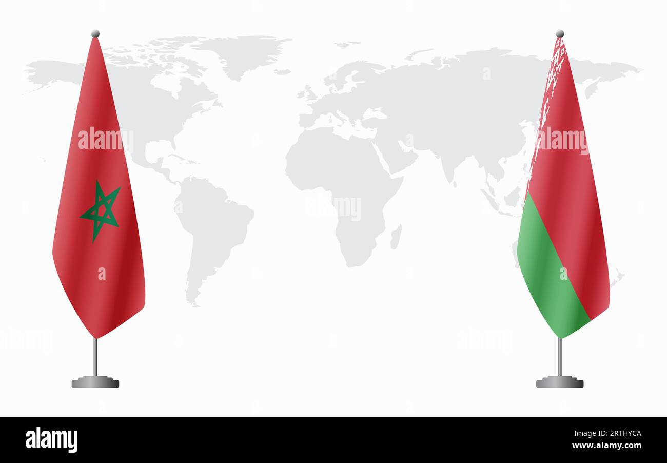 Bandiere marocchine e bielorusse per incontri ufficiali sullo sfondo della mappa mondiale. Illustrazione Vettoriale