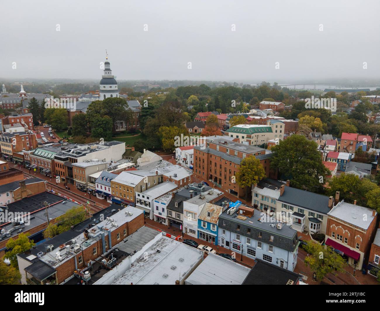 Vista aerea di Main Street, Annapolis con la Maryland State House sullo sfondo in una giornata nuvolosa Foto Stock