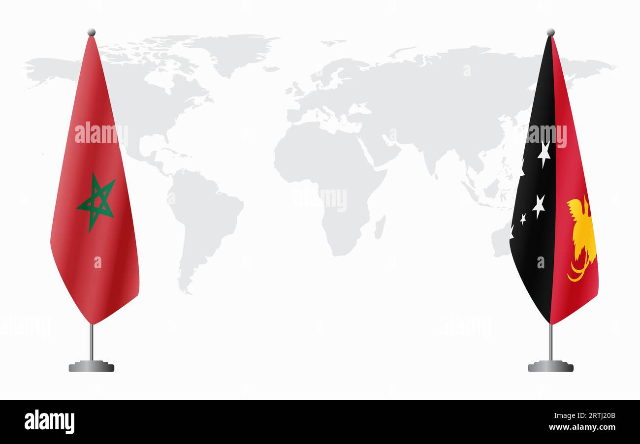 Marocco e Papua nuova Guinea bandiere per un incontro ufficiale sullo sfondo della mappa mondiale. Illustrazione Vettoriale