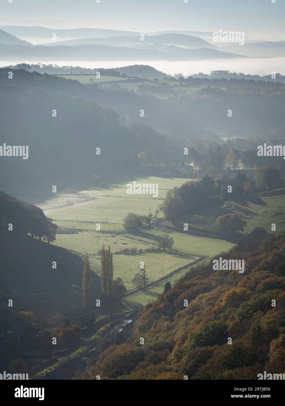 La vista dal sentiero per Ashlet, che è una collina sul lato orientale del Long Mynd, Church Stretton, Shropshire, Inghilterra. Foto Stock