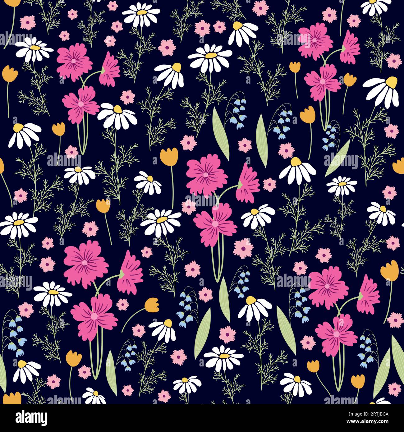 Motivo floreale senza cuciture. Daisie, gigli della valle, trifoglio, tulipani, peonie, Caps lla b rsa-Past ris, erbe. Stampa con piccoli fiori luminosi, spri Illustrazione Vettoriale